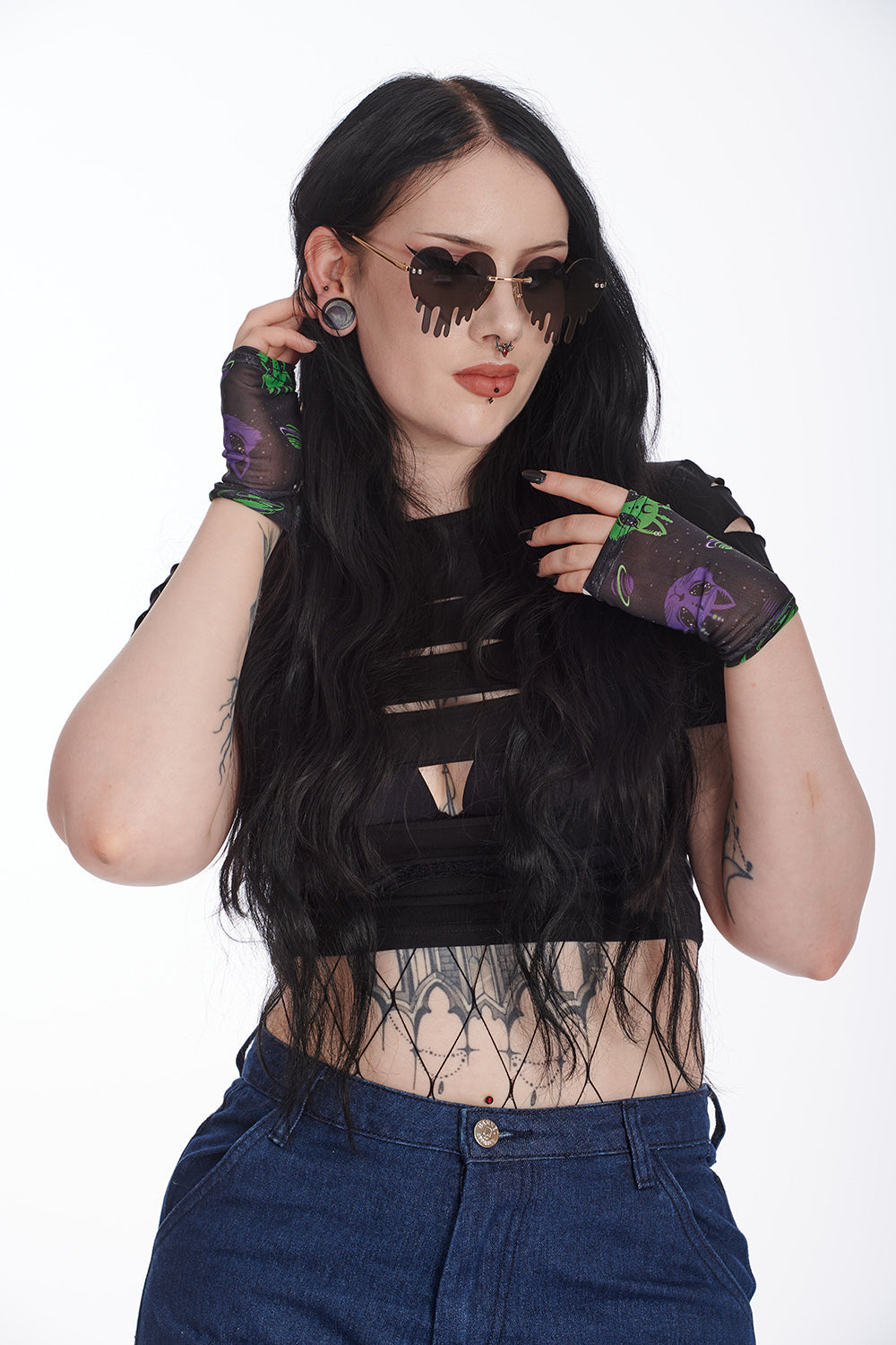 Banned Alternative ALIEN SPACE CAT FINGERLESS SHORT GLOVE