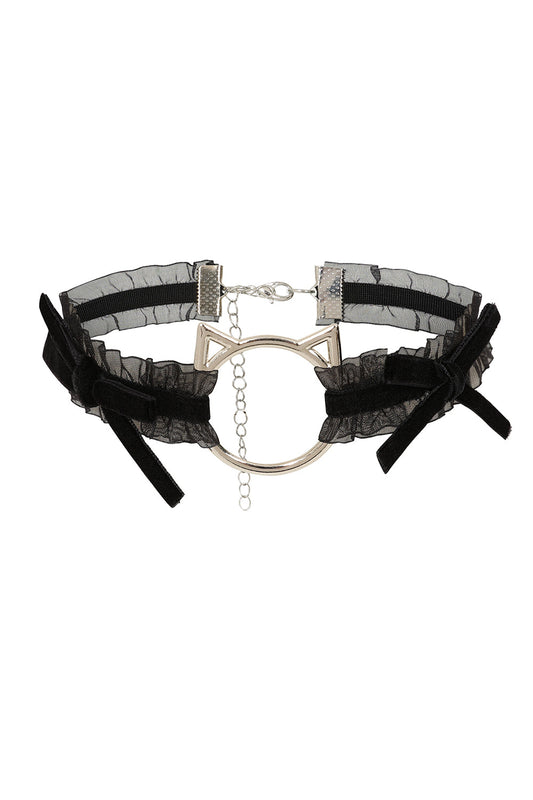 BANNED Wildmark Choker Velvet Bow Choker with Cat Ring Accent