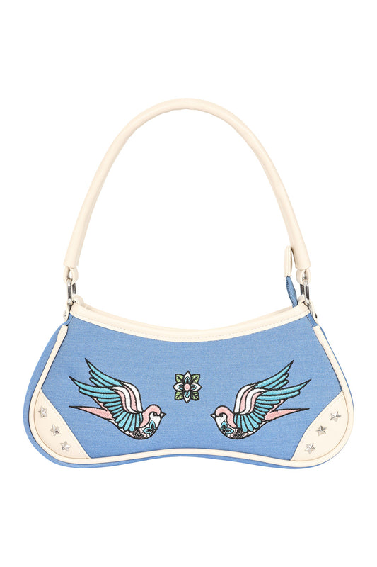 BANNED Marilou Swallow Denim Handbag | Rockabilly Embroidered Style
