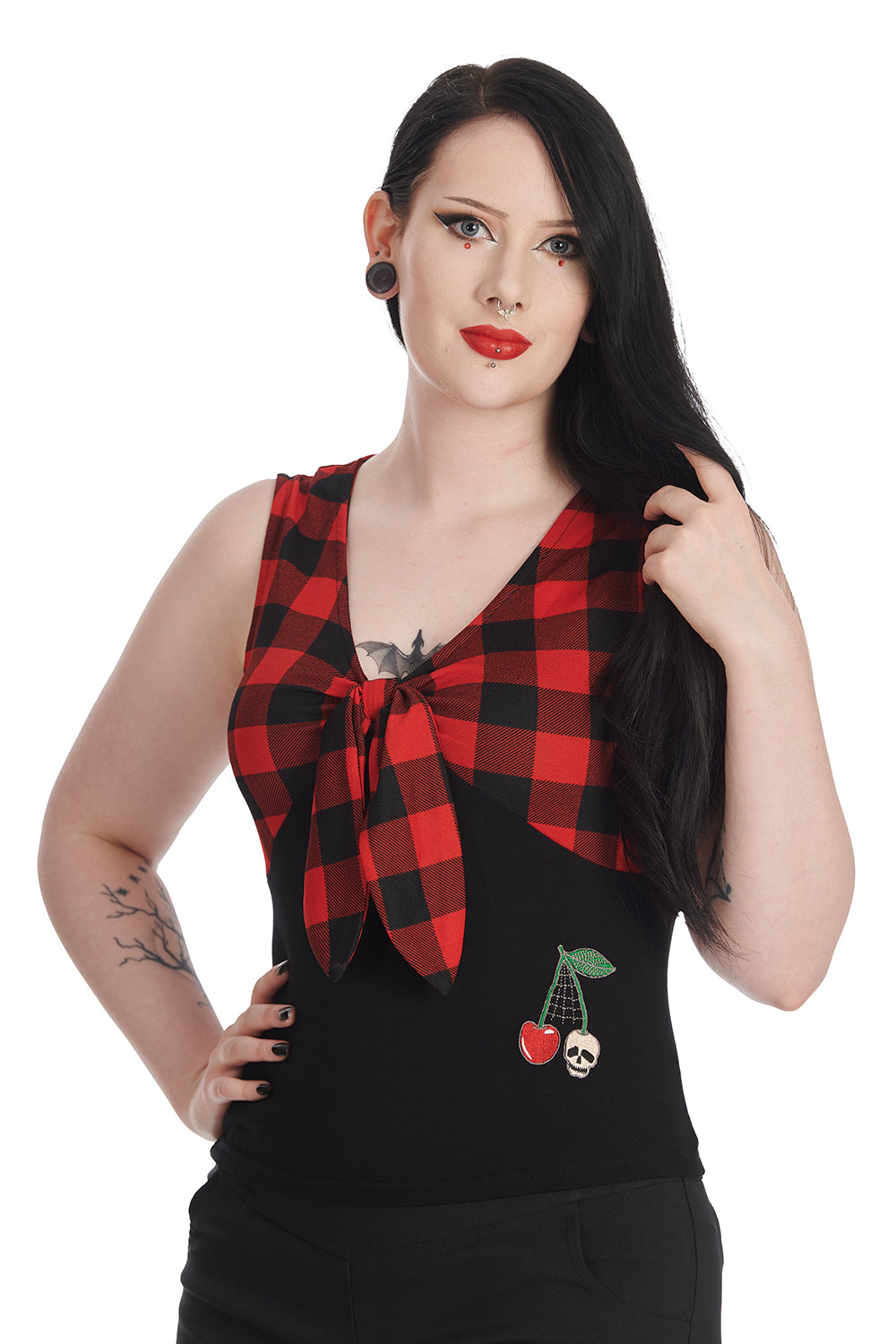 Banned Alternative CHECK & CHERRY SKULL TOP