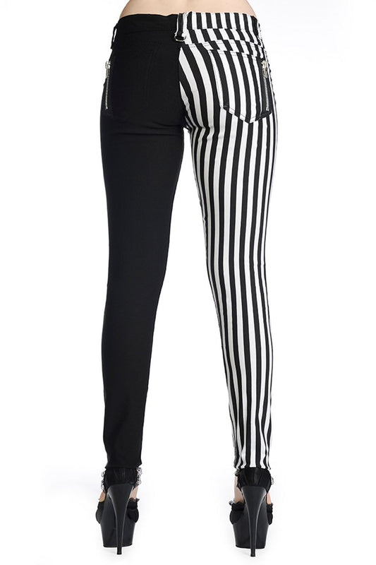 Half striped and half black low rise trousers.