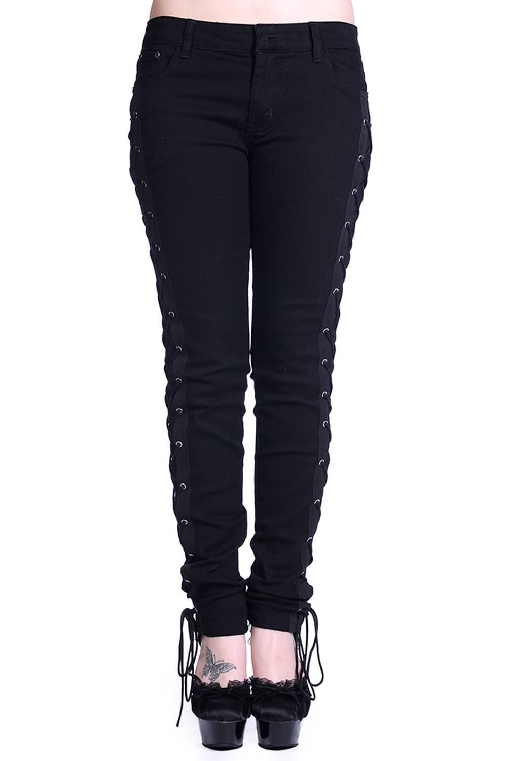 Low rise black jeans with corset side details