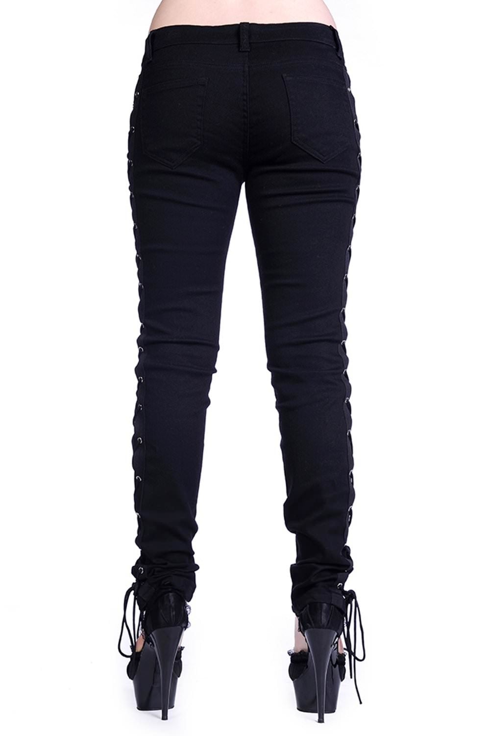 Low rise black jeans with corset side details