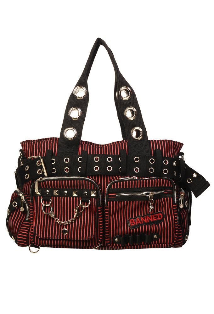 Black and red striped shoulder handbag with studs, handcuff charm and banned embroidered into pouch.