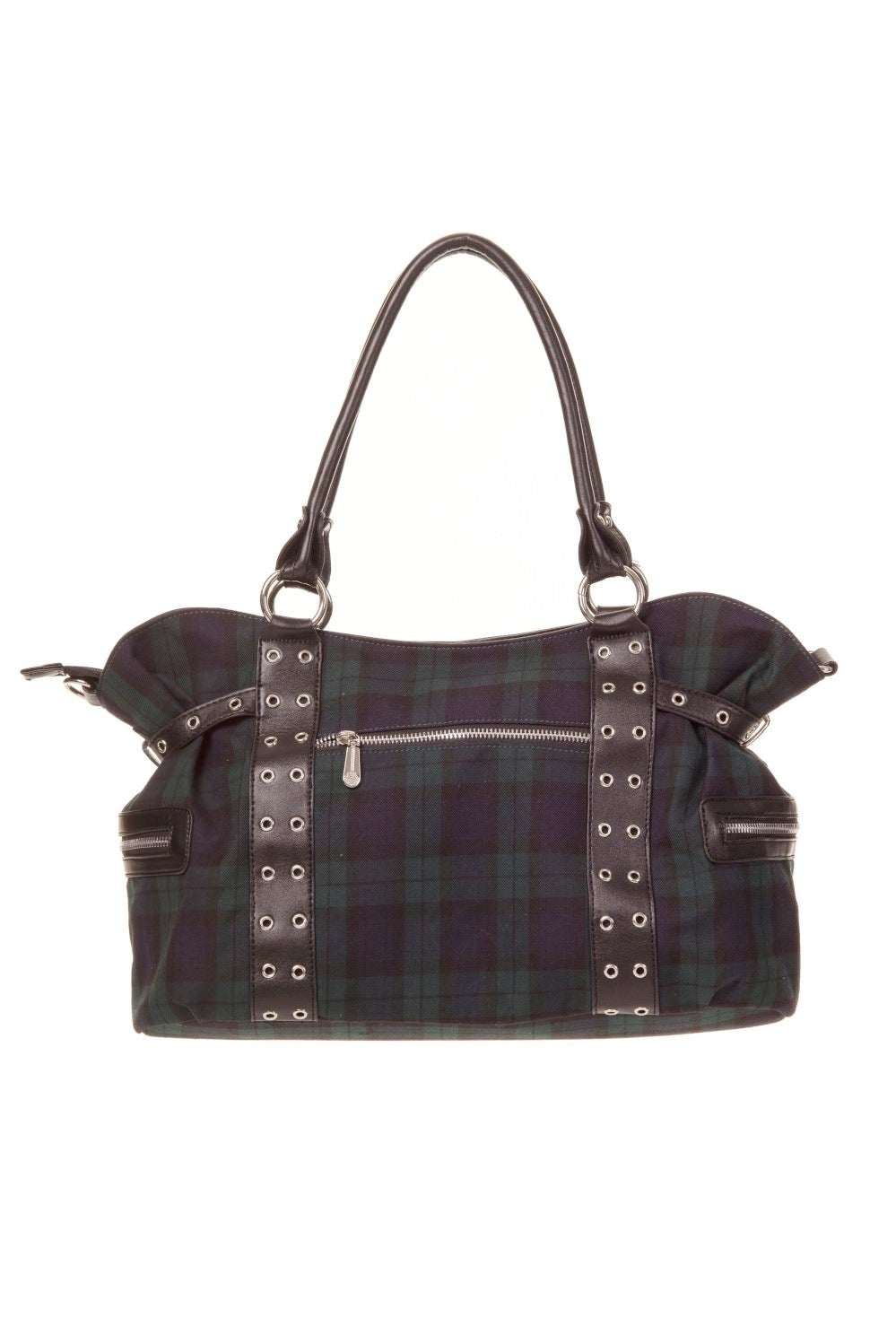 Green tartan shoulder handbag with small handcuff detail