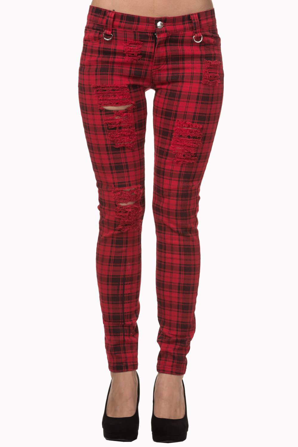 Red tartan check trousers low rise with rips.