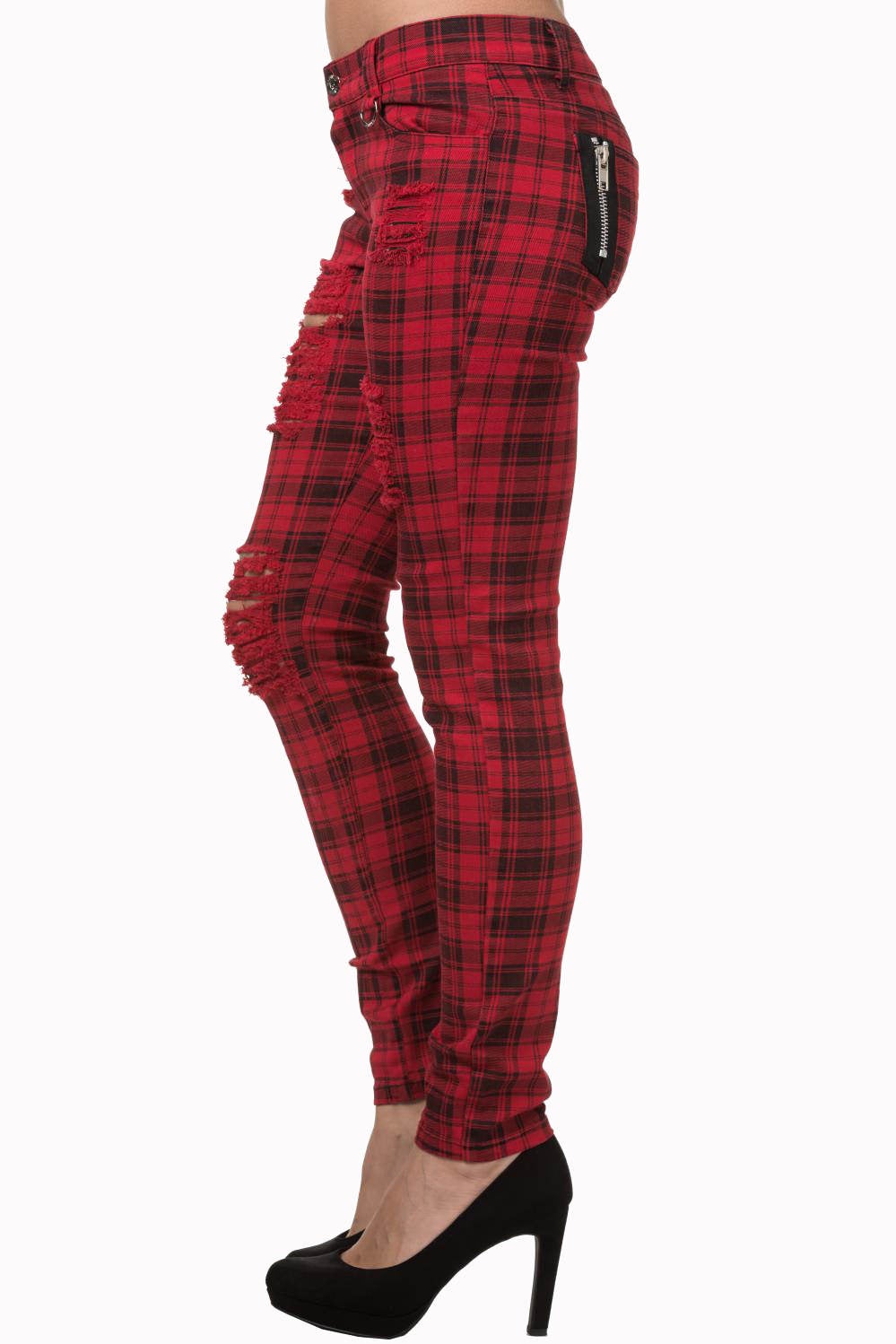 Red tartan check trousers low rise with rips.
