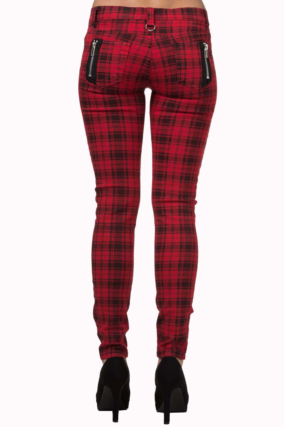 Red tartan check trousers low rise with rips.