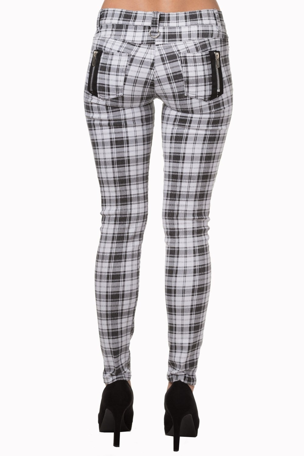 Black and white tartan check trousers low rise with rips.