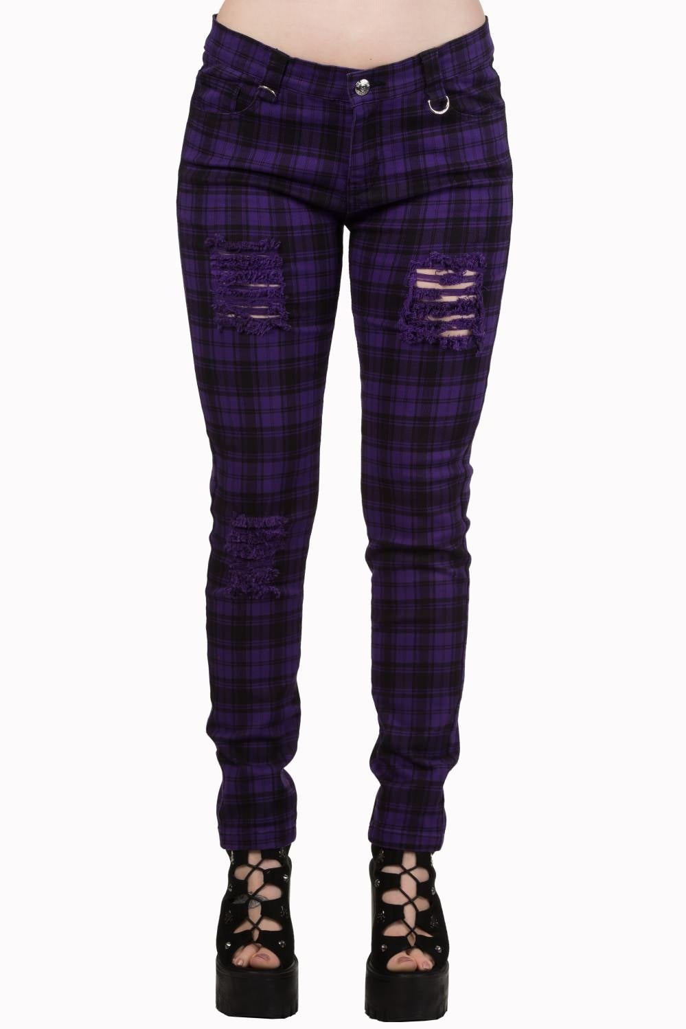 Purple tartan check trousers low rise with rips.