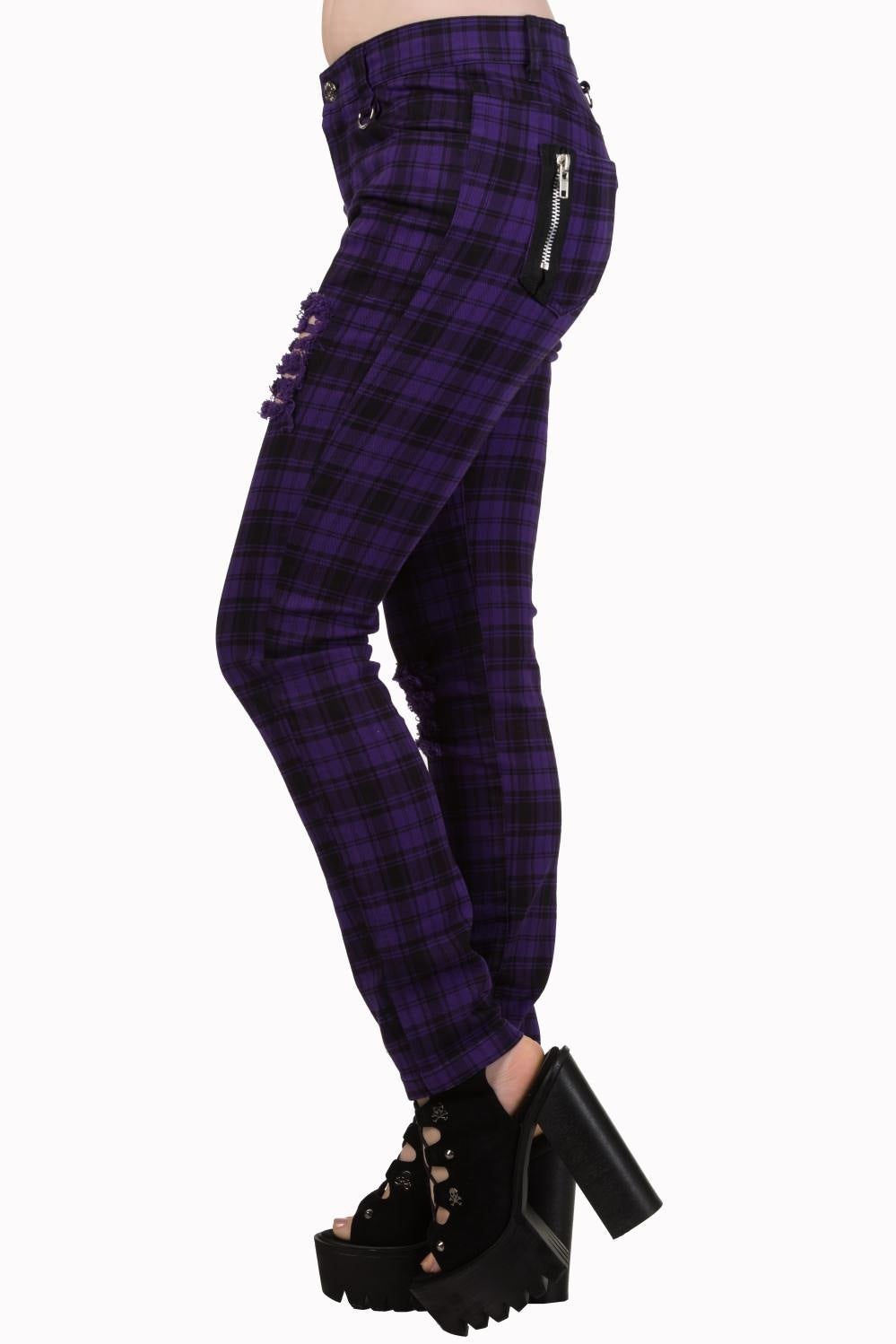 Purple tartan check trousers low rise with rips.