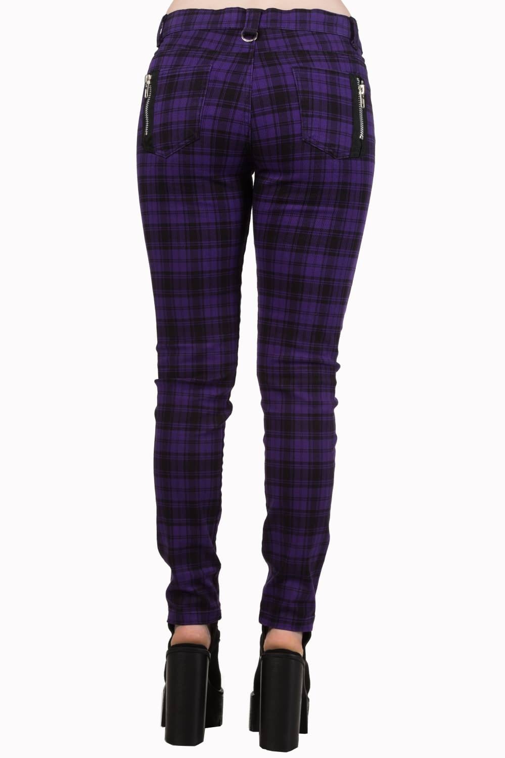 Purple tartan check trousers low rise with rips.