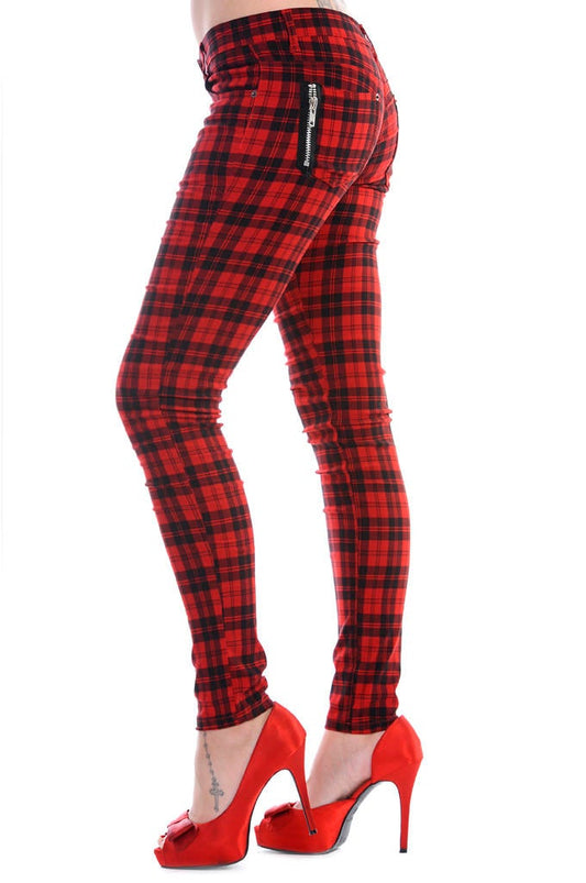 Red tartan check trousers low rise.