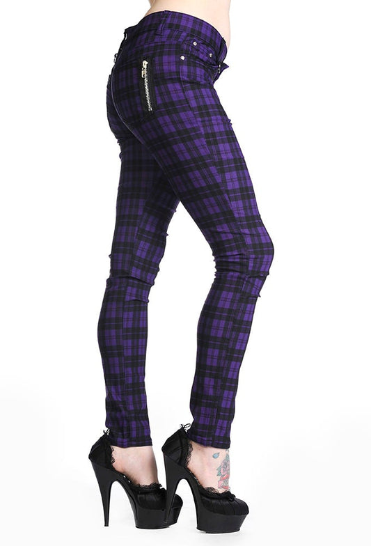 Purple tartan check trousers low rise.