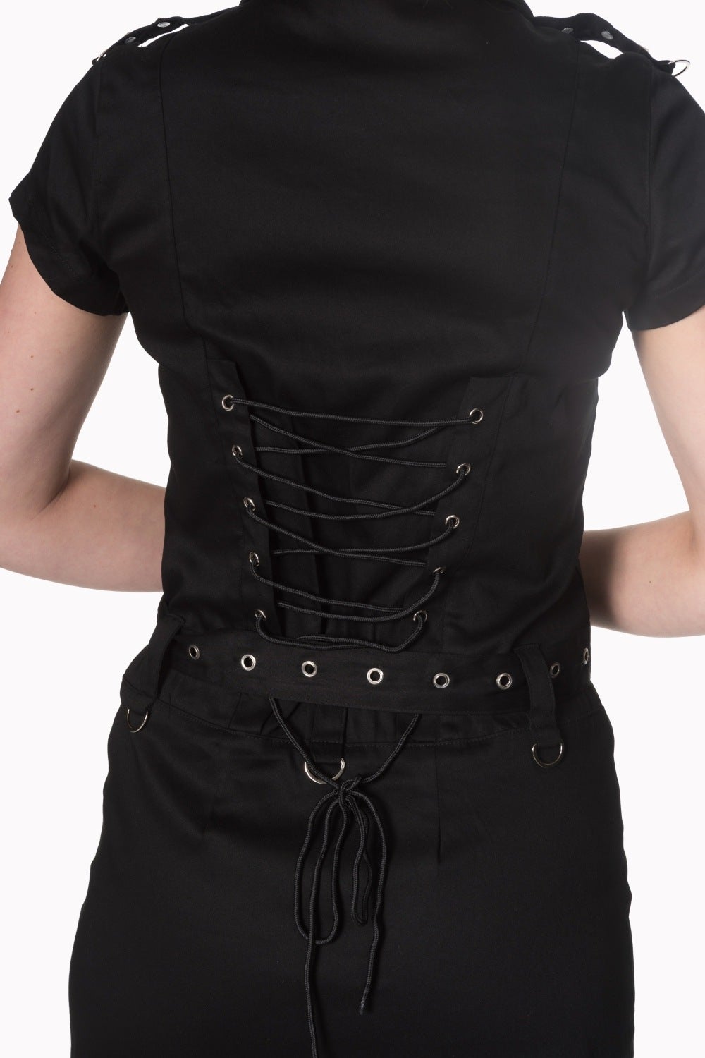 Model wearing black mini zip up dress with corset detailing