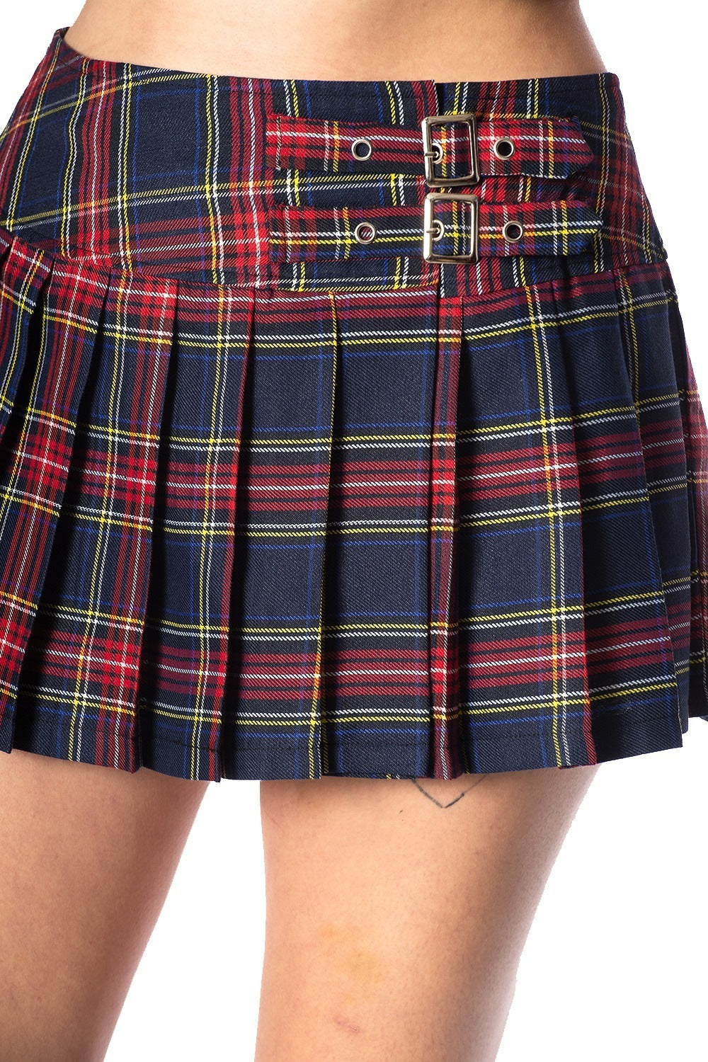 Close up shot of navy and red tartan mini skirt with buckle features.