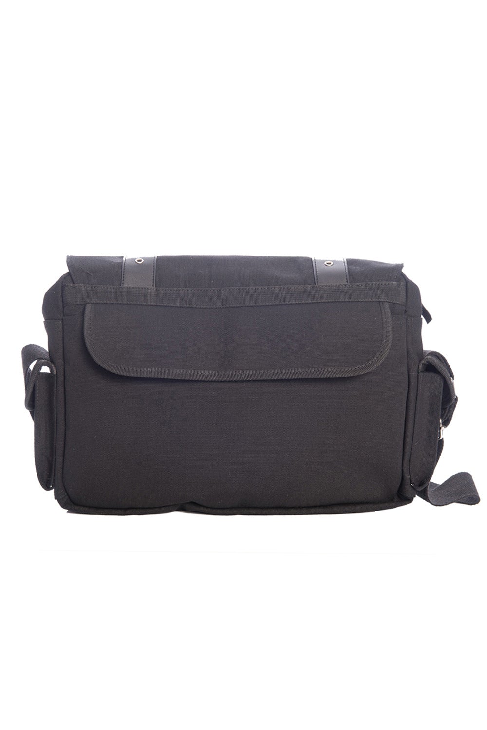 Back of Black canvas shoulder back with large matte bat feature.