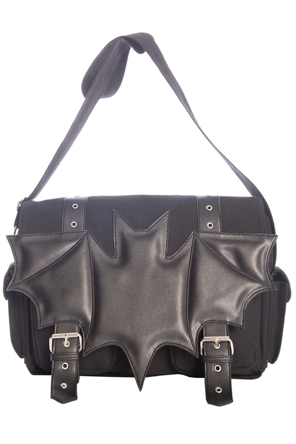 Black canvas shoulder back with large matte bat feature.