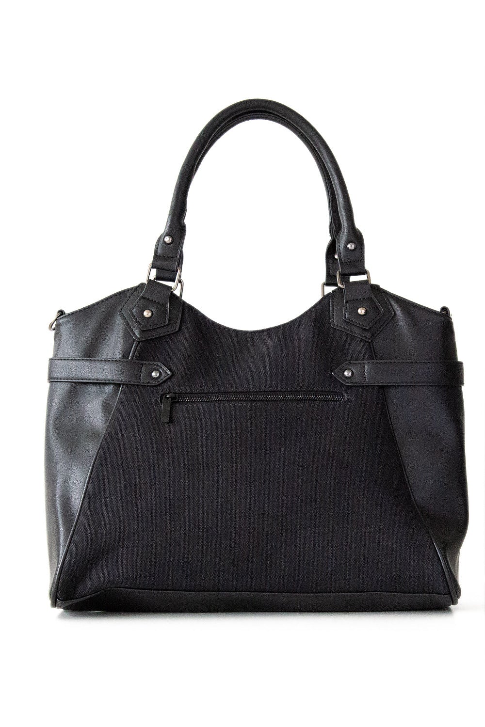 Black handbag with studded pentagram feature.