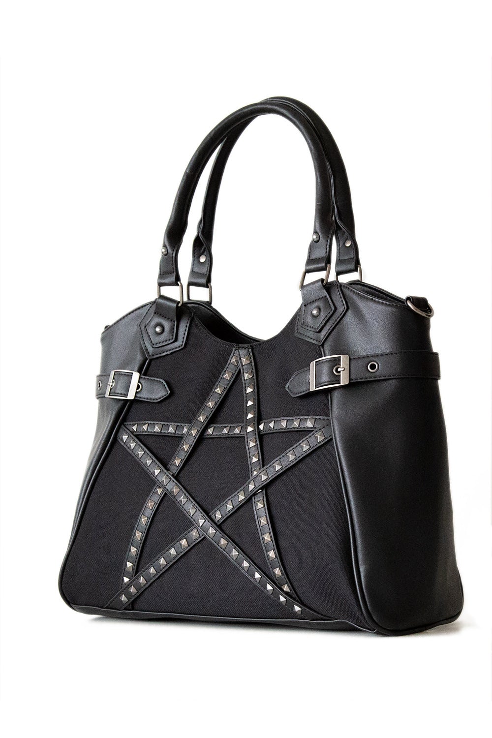 Black handbag with studded pentagram feature.