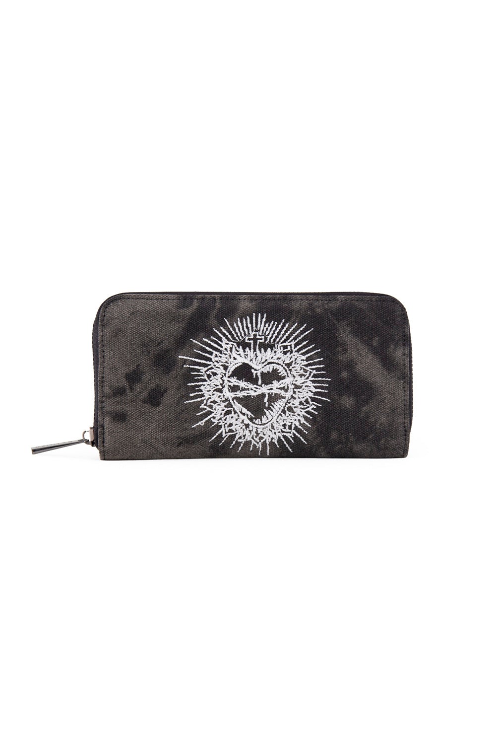 A distressed black pure with sacred hear embroidered on the centre.