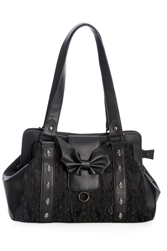 Black shoulder bag with skull studs, lace features and black matte bow.