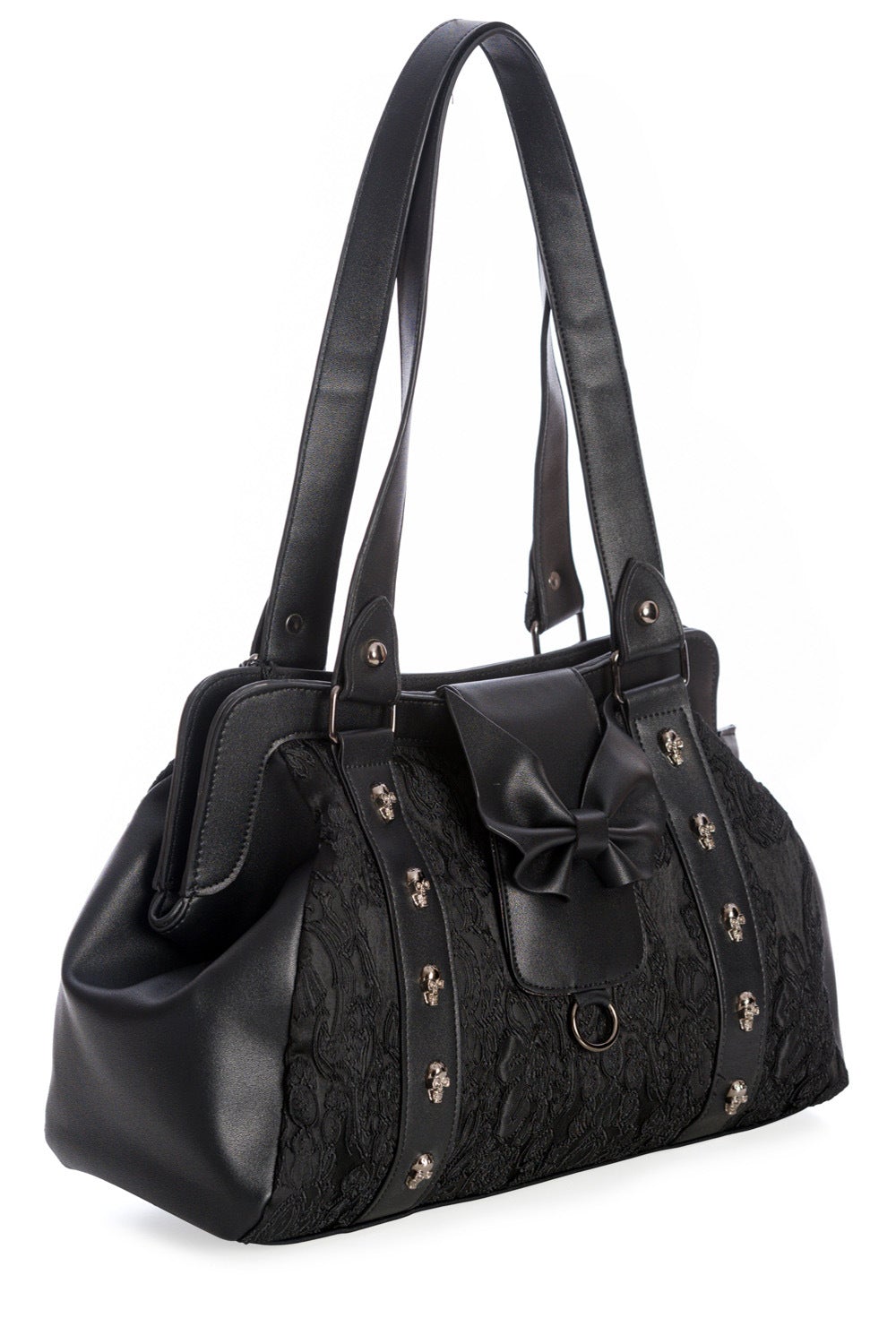 Black shoulder bag with skull studs, lace features and black matte bow.