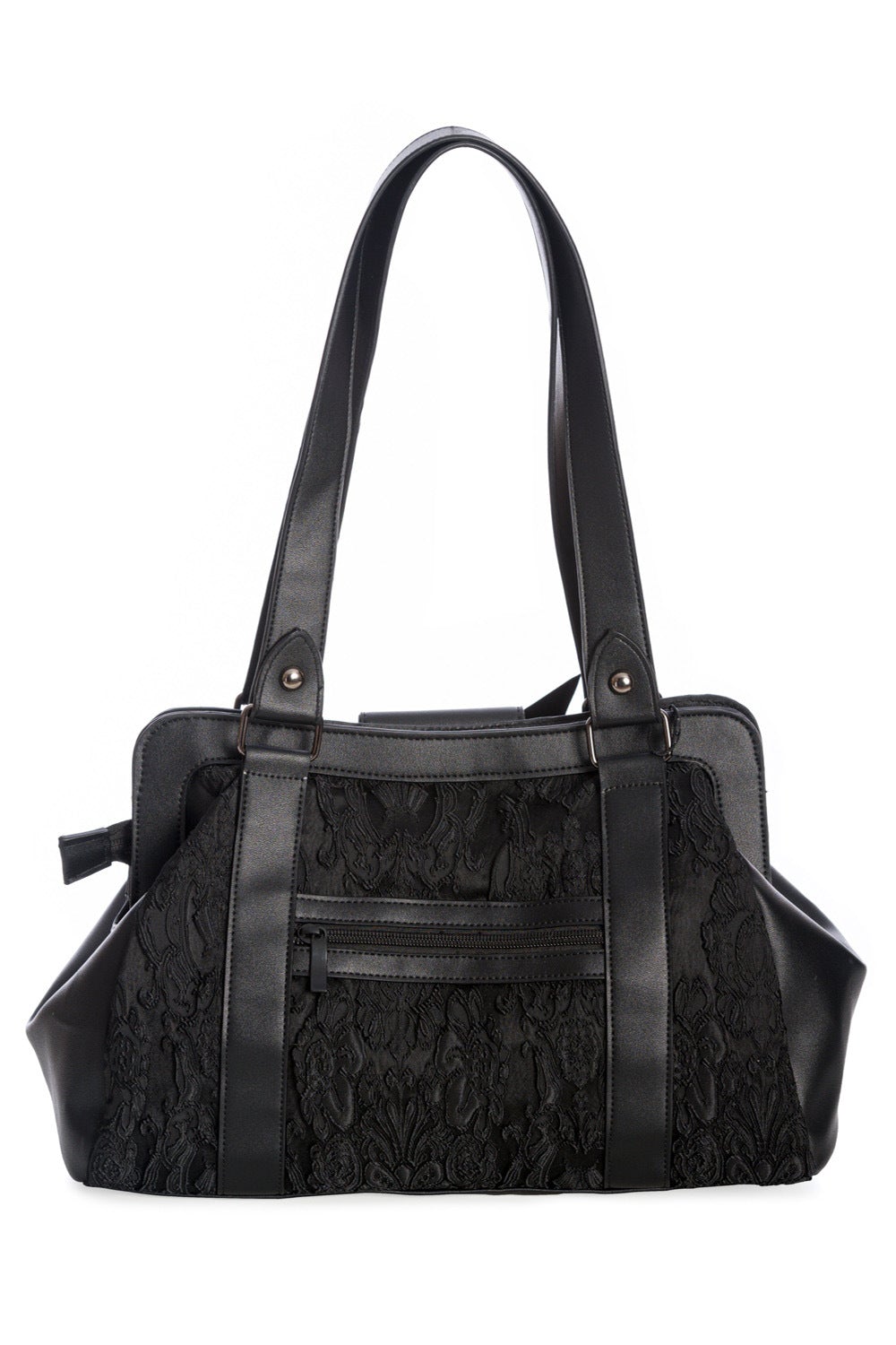 Black shoulder bag with skull studs, lace features and black matte bow.