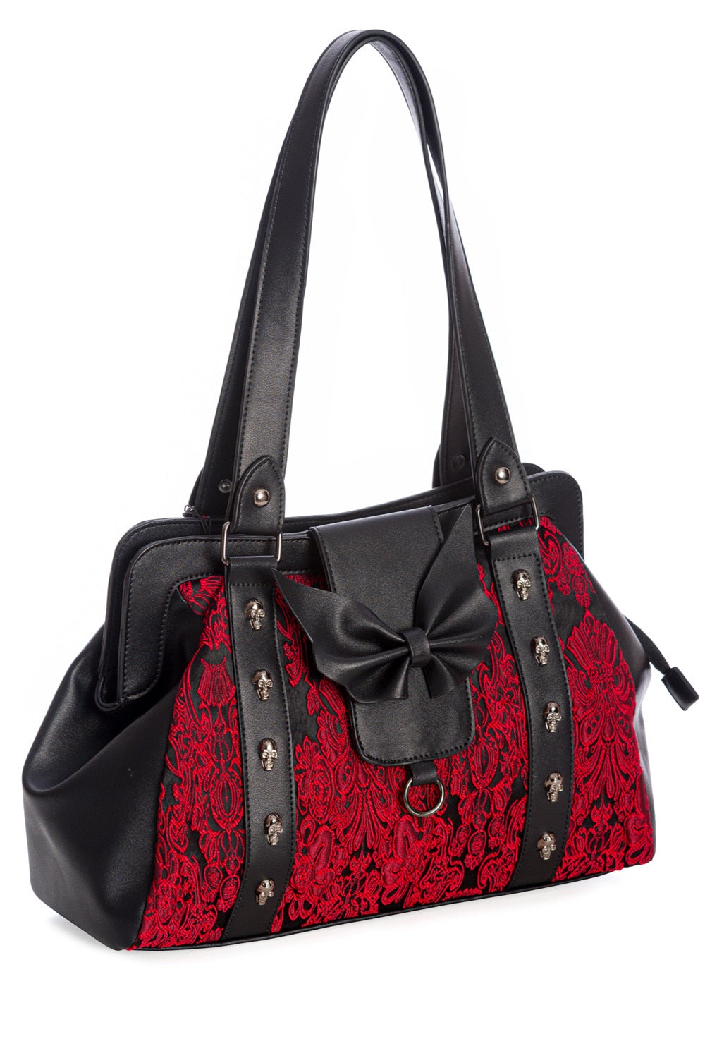Black and red shoulder bag with skull studs, lace features and black matte bow.