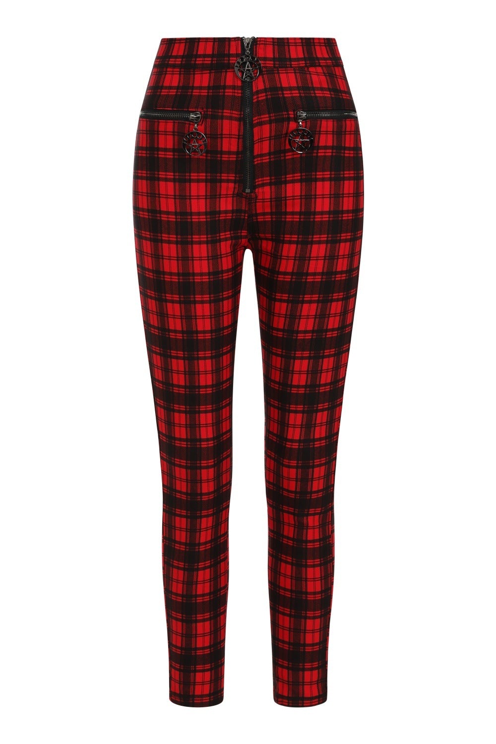 High waisted red check trousers with pentagram zip details.