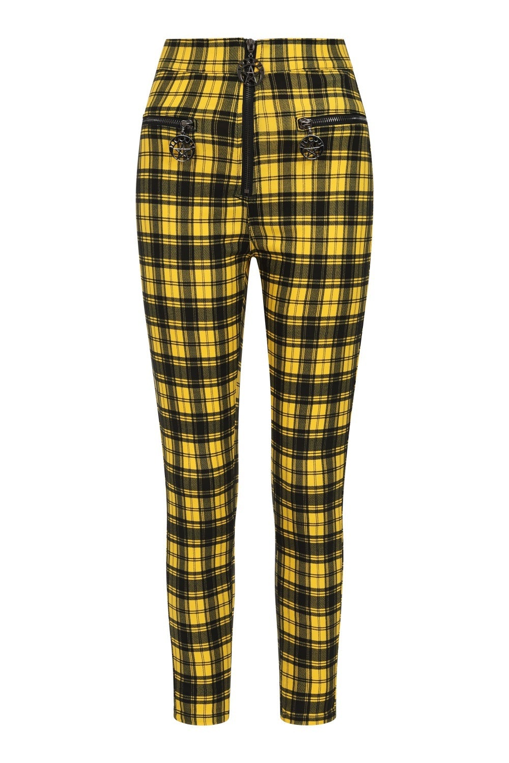 High waisted yellow check trousers with pentagram zip details.