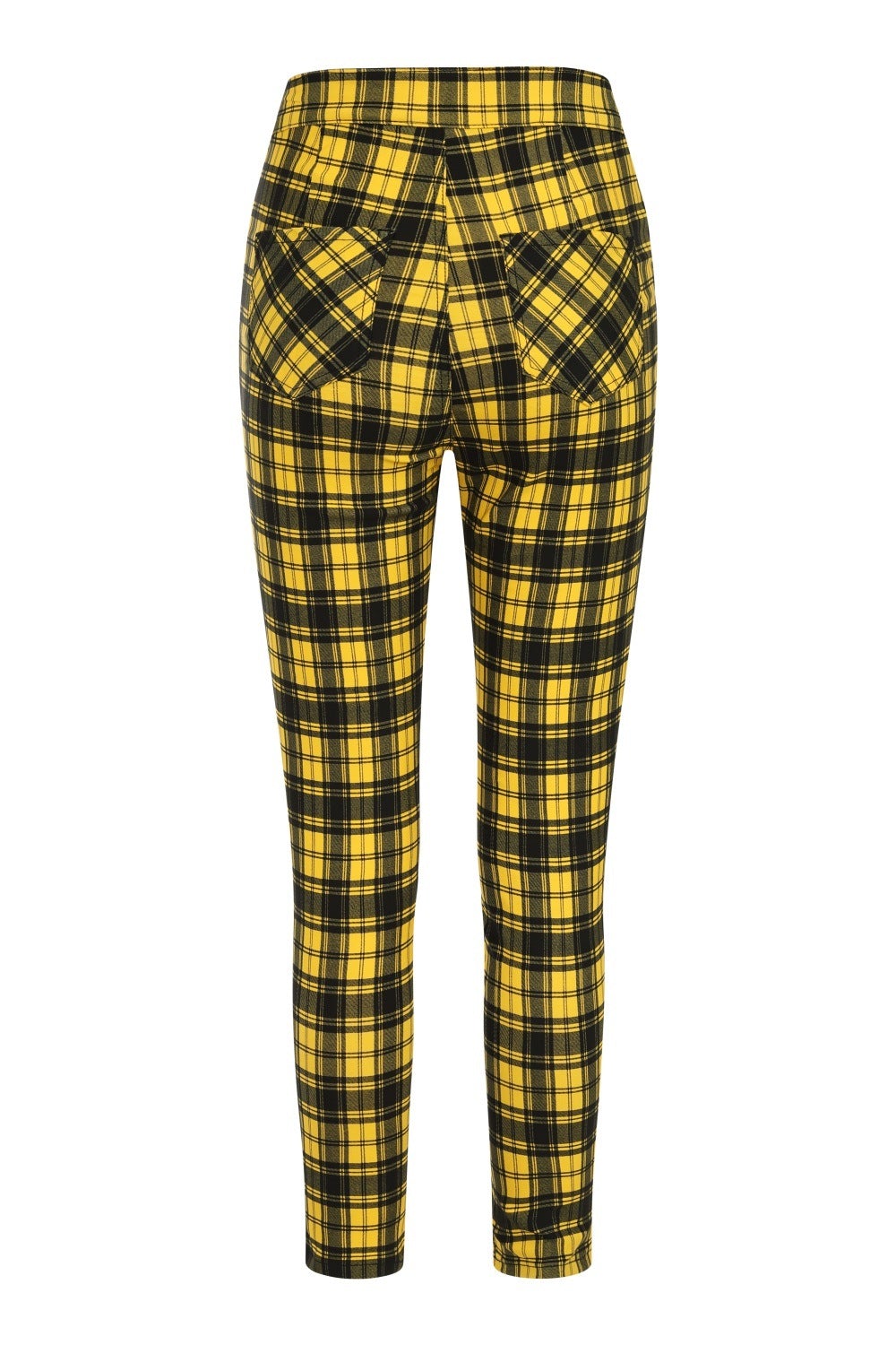 High waisted yellow check trousers with pentagram zip details.
