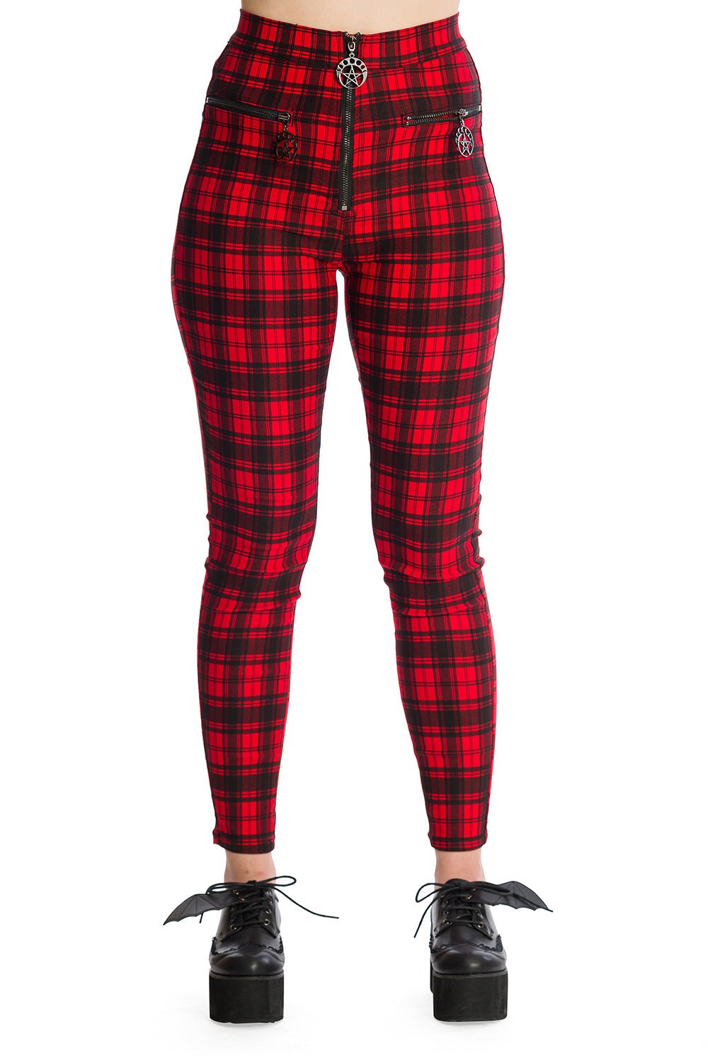 High waisted red check trousers with pentagram zip details.