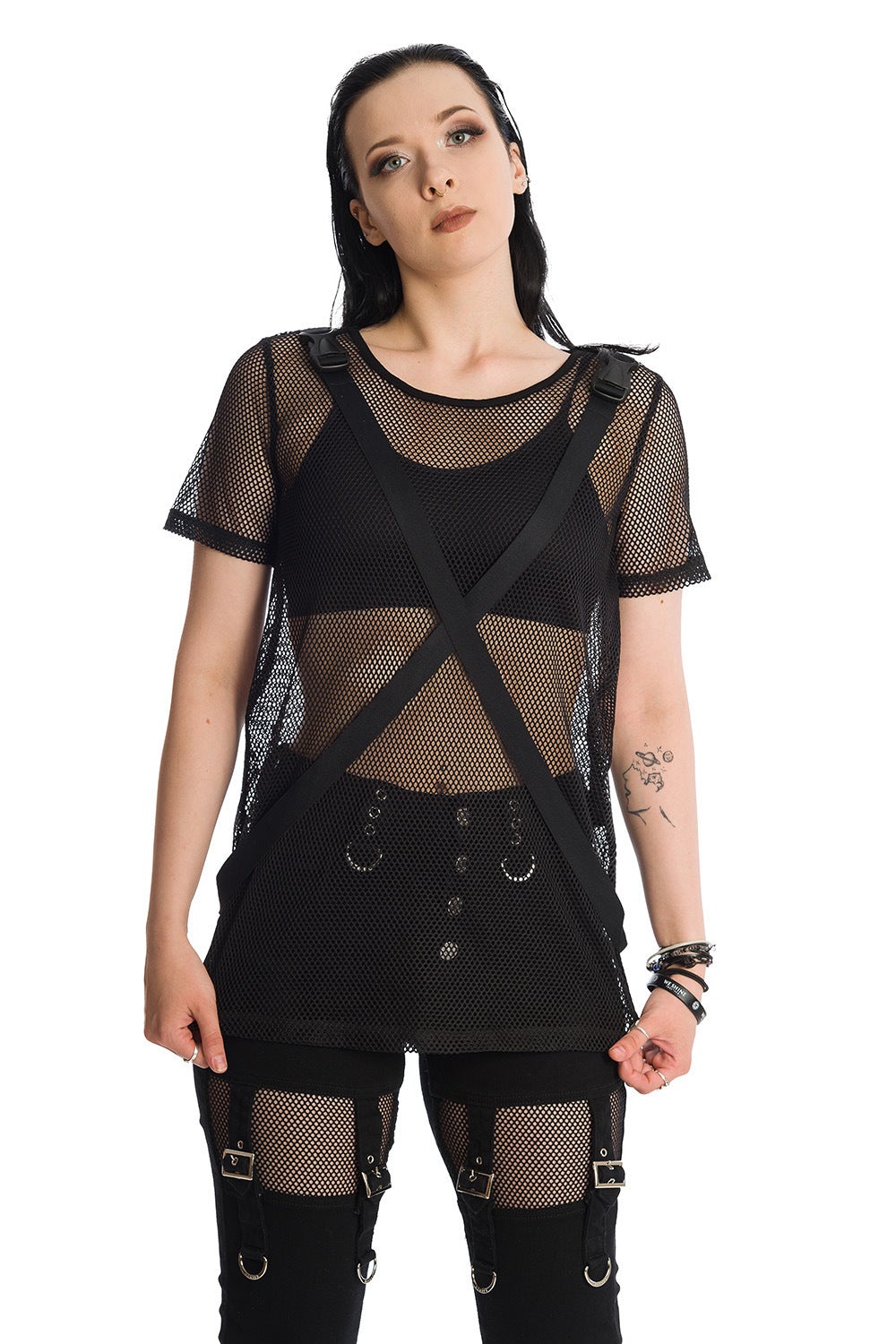 Kameko Black Mesh Seethrough FIshent Top Cross Detail Short Sleeve