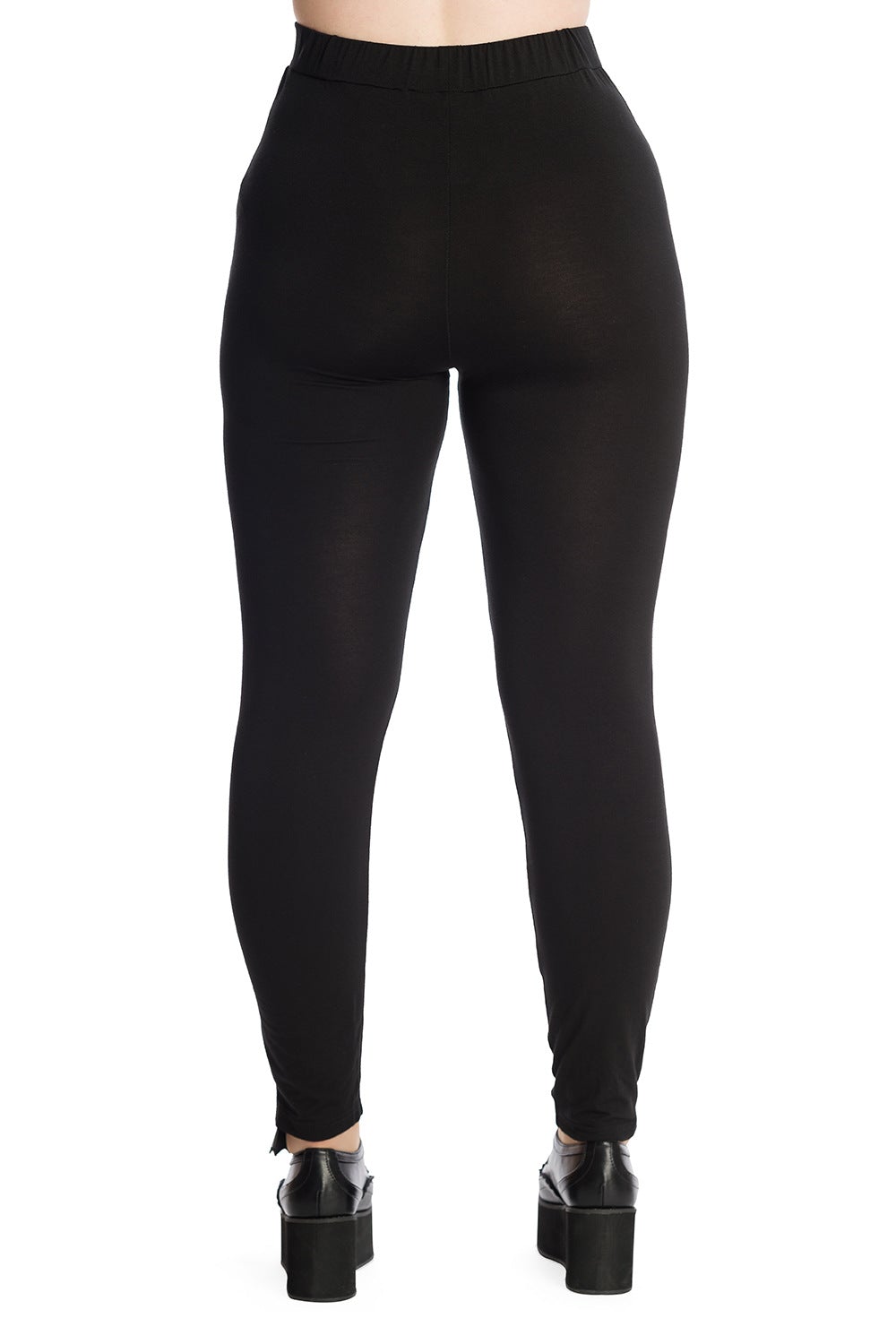 Ghost image of black high waisted leggings with mesh cross cut out on both legs.Model wearing black high waisted leggings with mesh cross cut out on both legs.