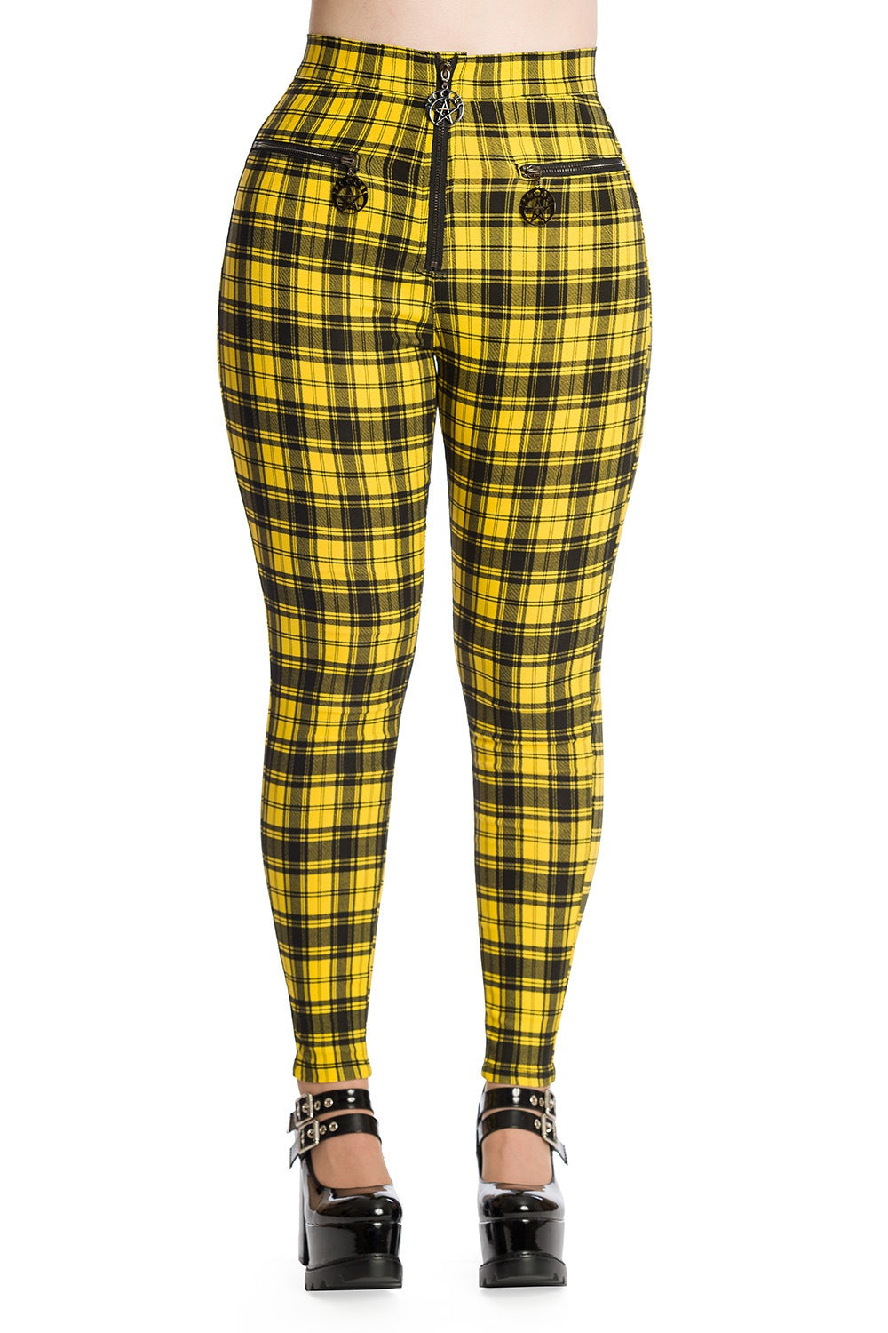 High waisted yellow check trousers with pentagram zip details.