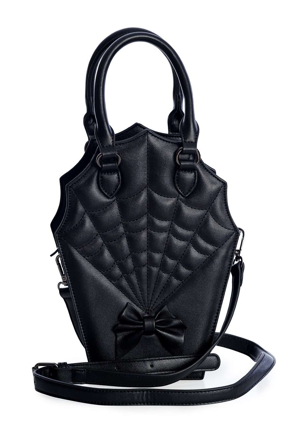 Small coffin shaped handbag with quilted spider web print and black bow. Long additional strap showing.