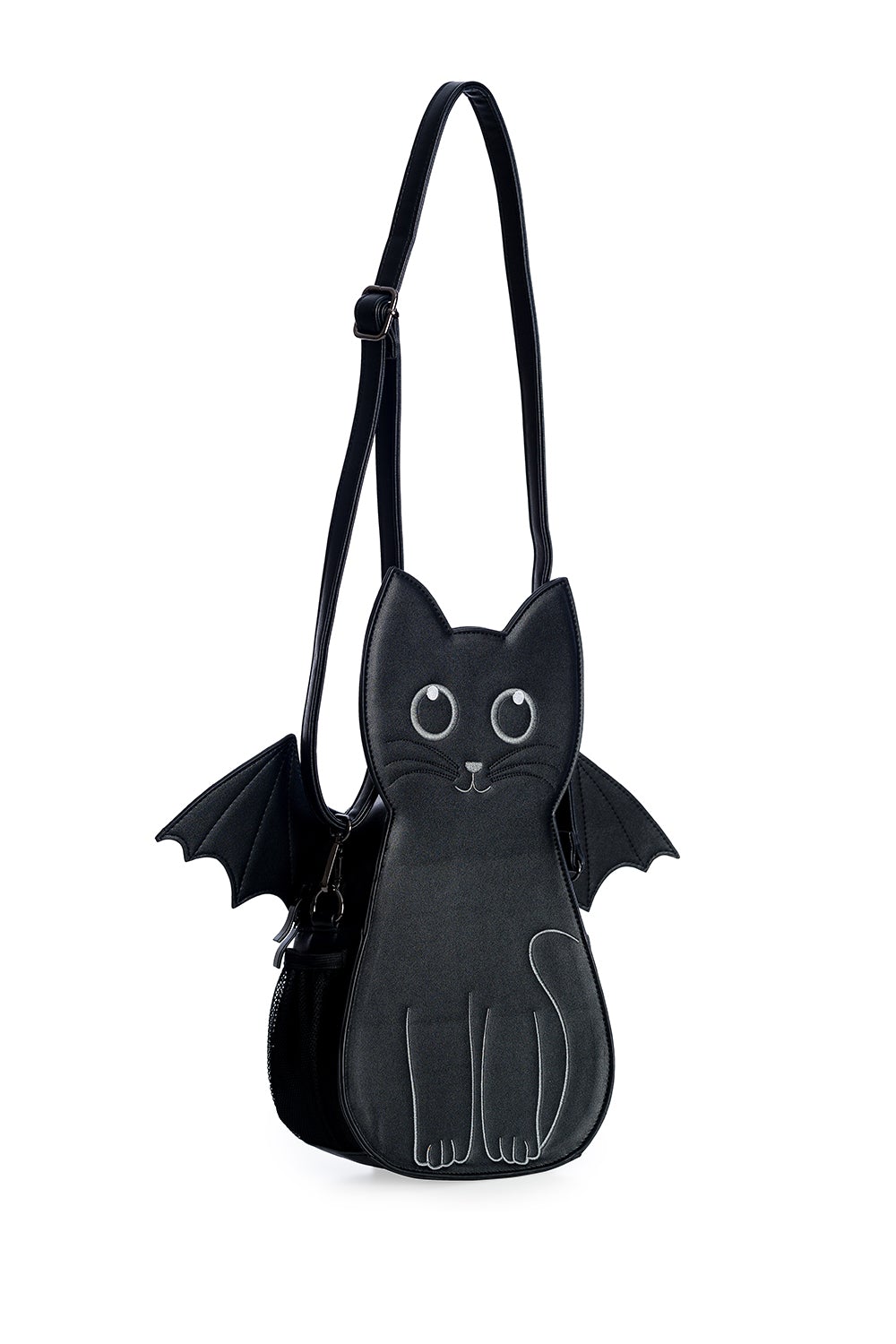 Cat shaped handbag with bat wings in black.