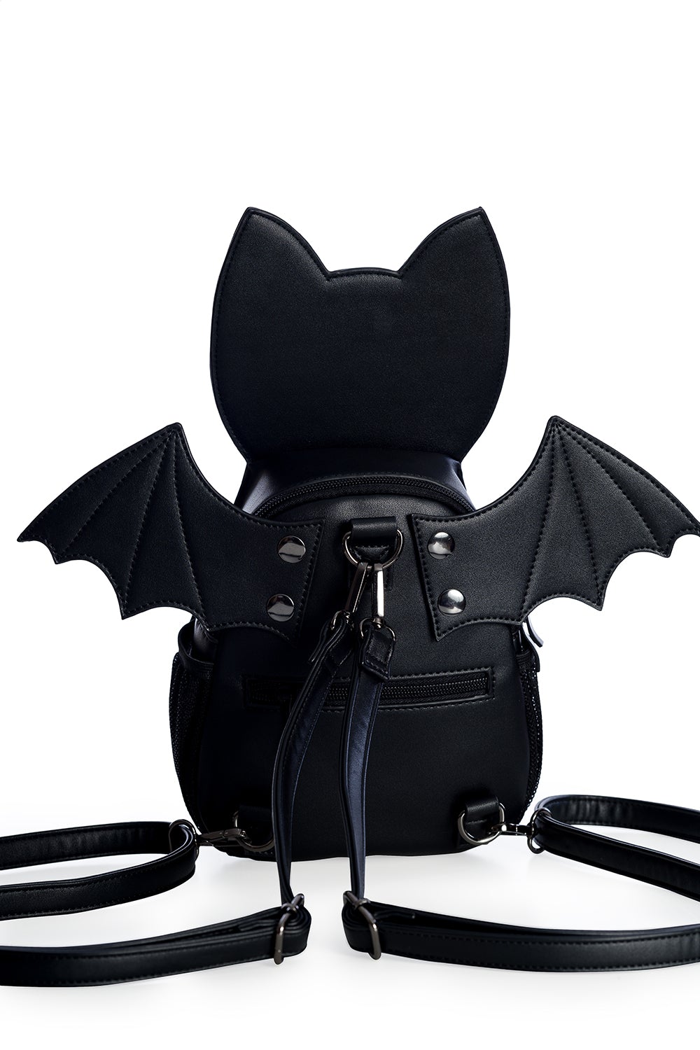 Cat shaped handbag with bat wings in black.