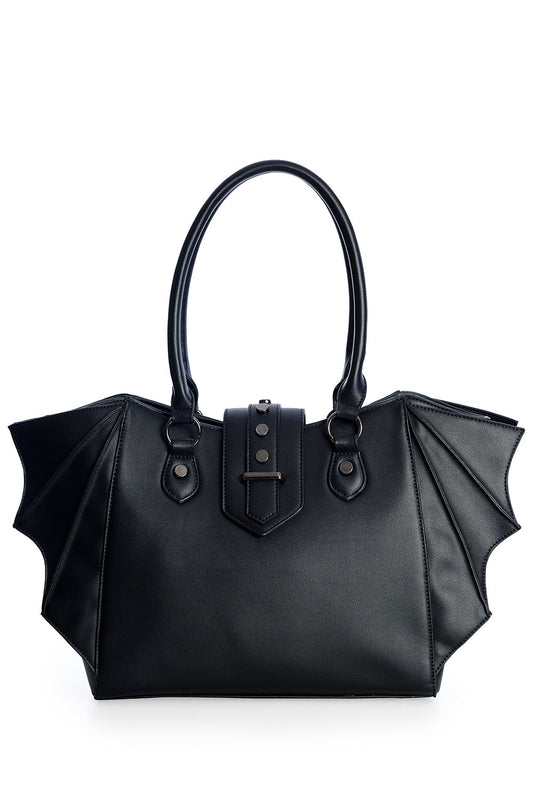 Black handbag with bat wing side details