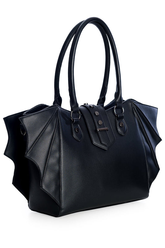 Black handbag with bat wing side details
