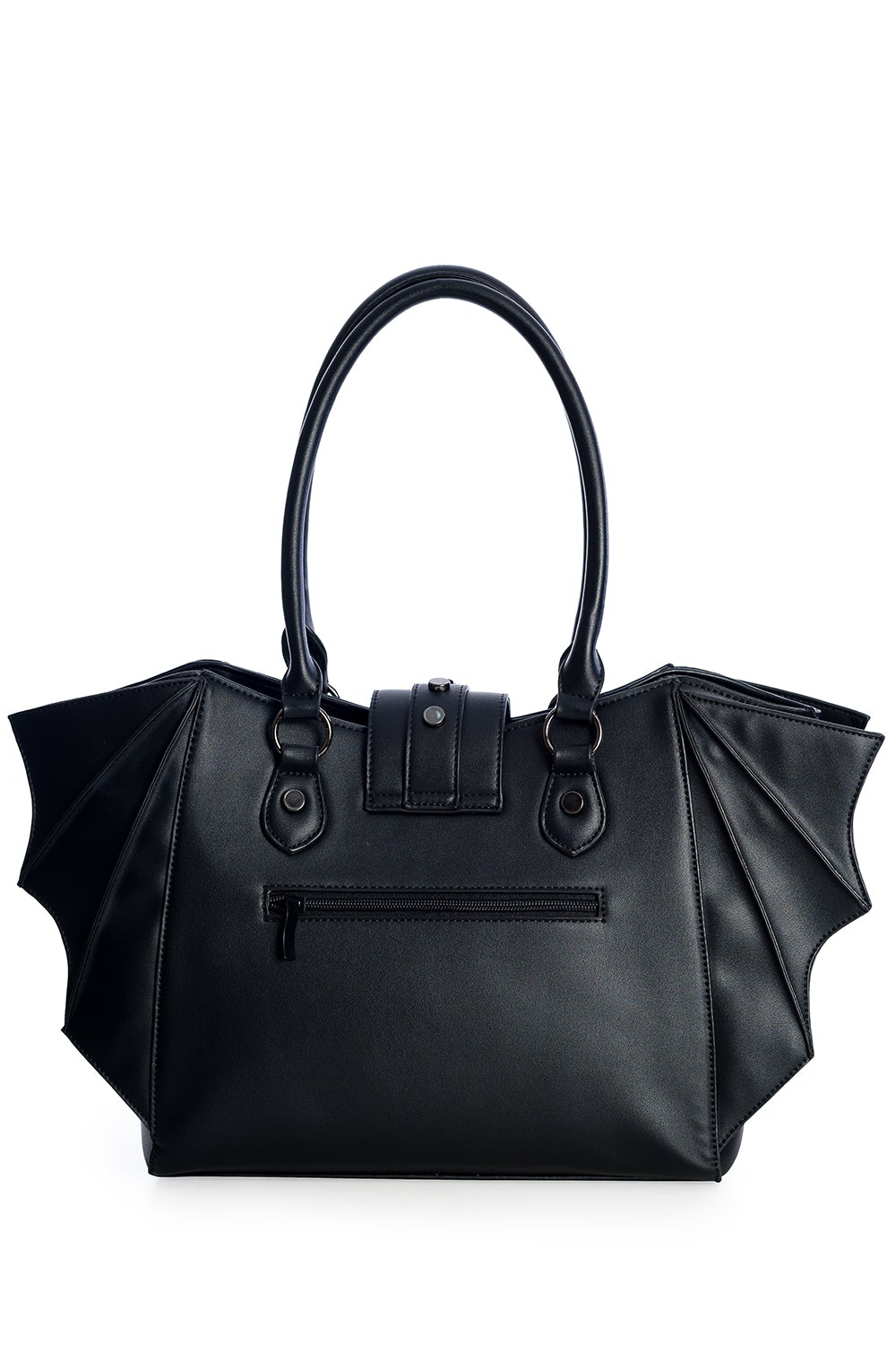 Black handbag with bat wing side details