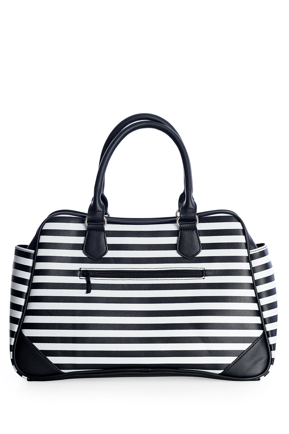 Large black handbag in black and white stripe with gravestone and batwing print with the phrase 'I just wanna give you the creeps'
