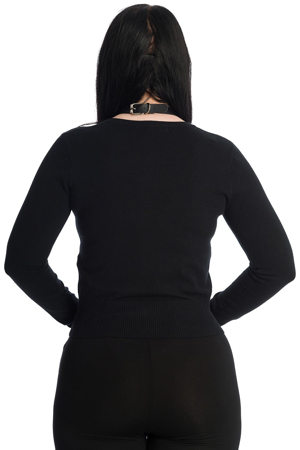 Plain black back of cardigan.