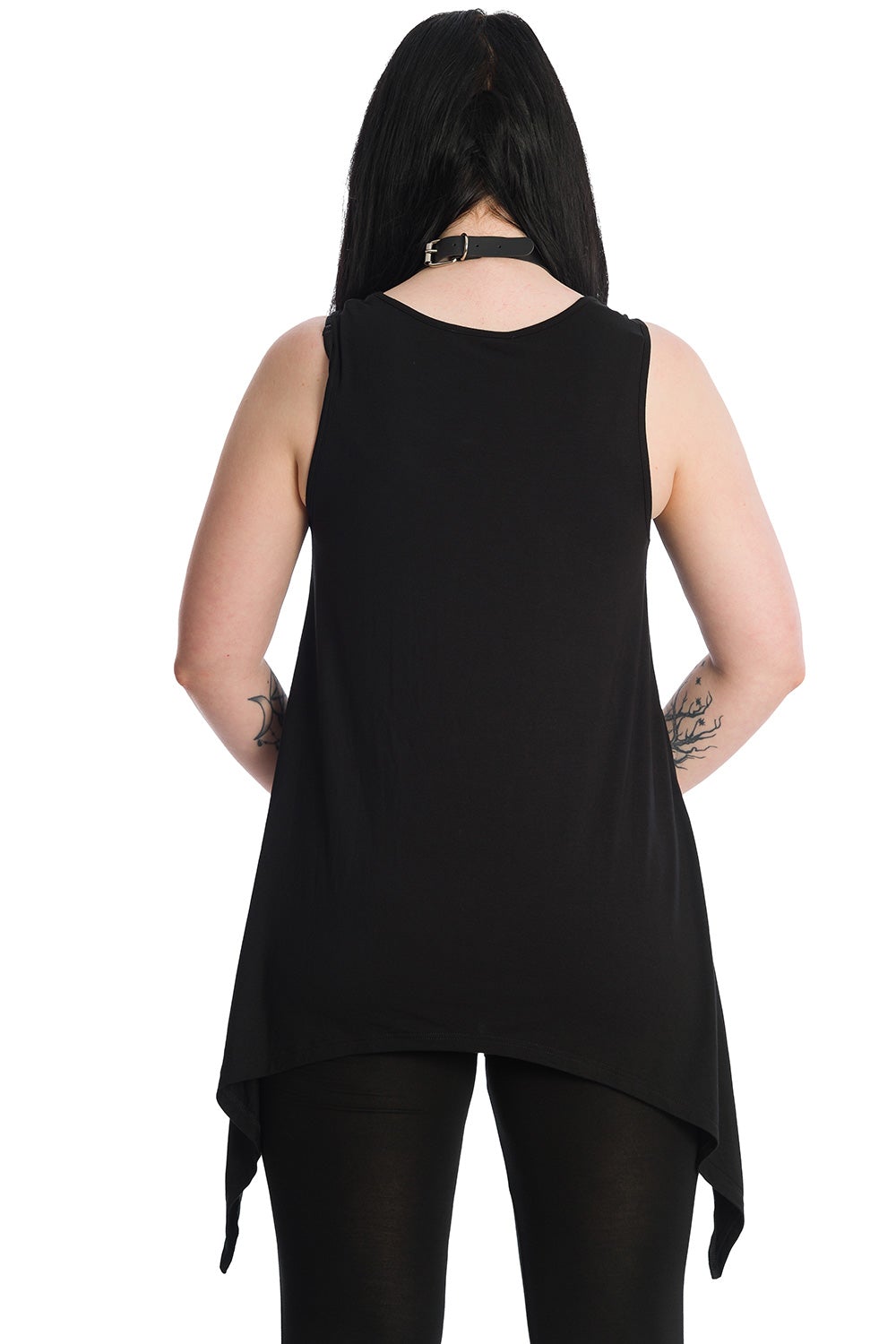 Alternative model wearing long line black vest top with space print and cat feature on the front. Model is wearing matching leggings. Plain black back.