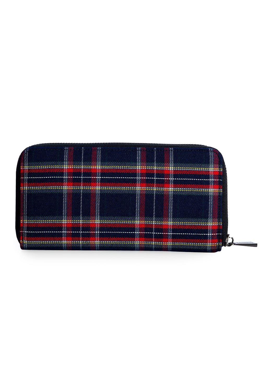 Back of navy tartan print purse