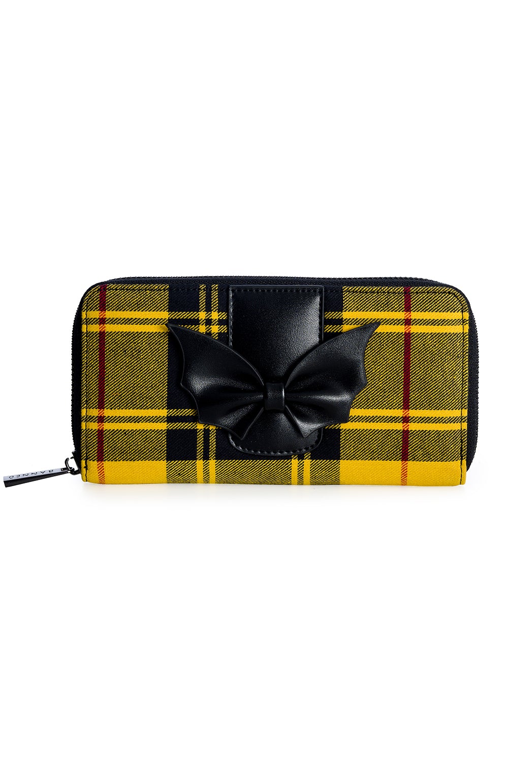 Yellow tartan print purse with bat styled bow detail on the front.
