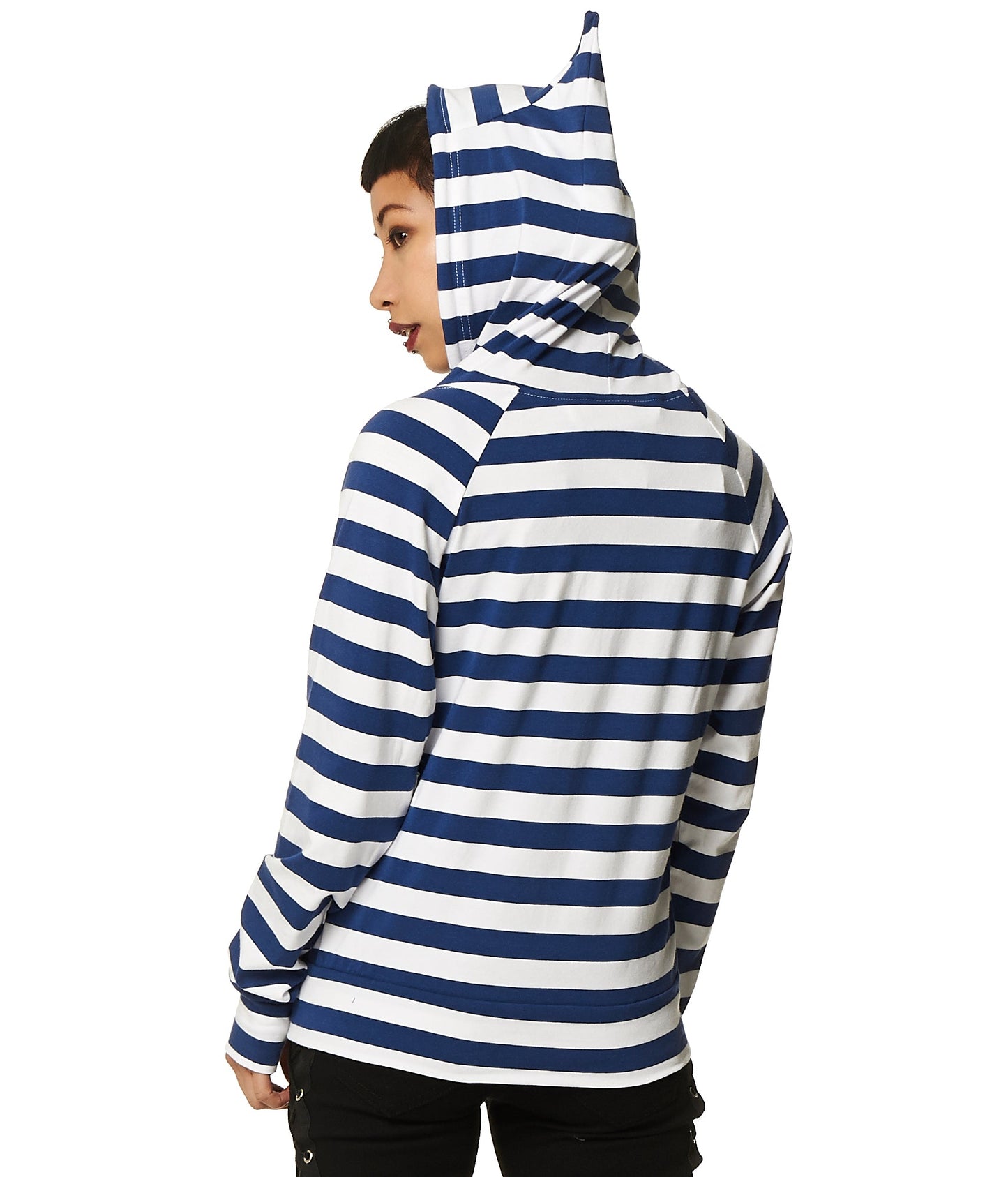 Alternative model in striped blue and white hoodie with cat ear hood.