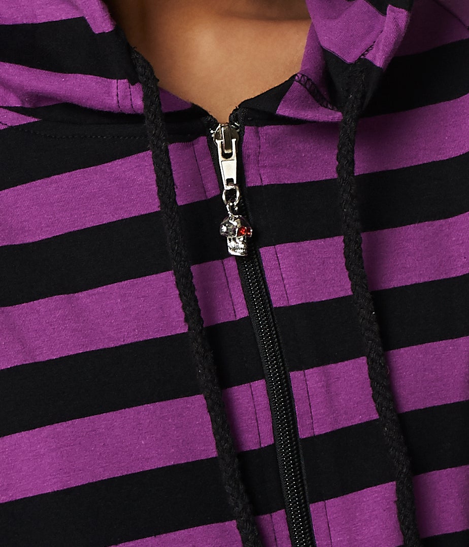 Close up of purple striped hoodie with skull zip detailing.