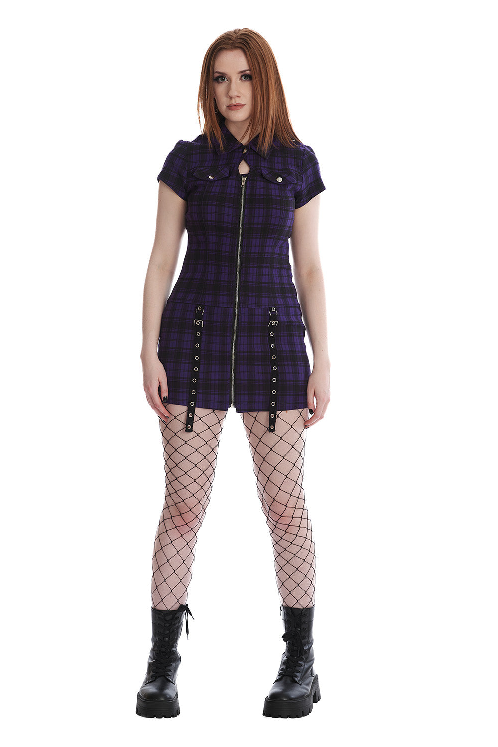 Banned Alternative Purple Tartan Night Zip Dress